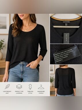 The Limited Black Lightweight Sweater Size L Sheer Knit 3/4 Sleeve Minimalist